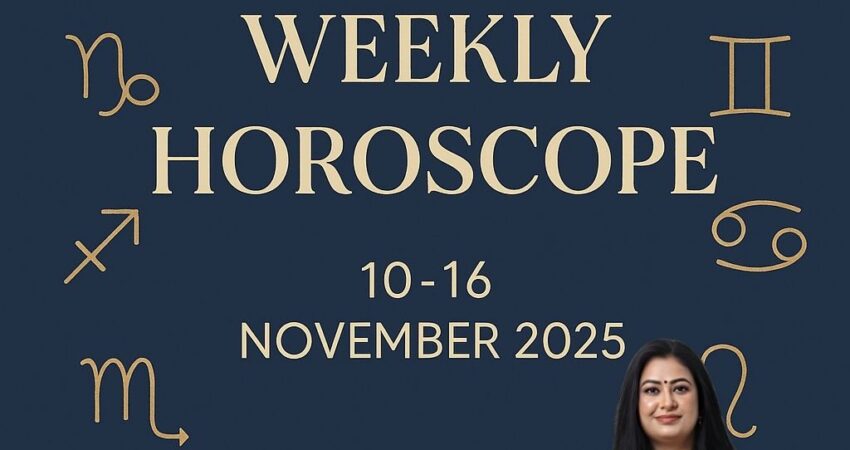 Astro Madhupriya Weekly Horoscope poster for 10-16 November 2025. The image features Dr. Madhuprasad standing in front of a large, stylized zodiac wheel on a dark, star-filled, cosmic background. Contact details and social media links are visible at the bottom.