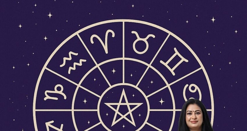 Weekly Horoscope for November 10-16, 2025, by Astro Madhupriya. The image features a dark purple background with a star-filled sky, a central zodiac wheel showing all twelve signs, and a smiling woman, Dr. Madhuprasad, in traditional Indian attire. Contact and social media details for Astromadhupriya are visible at the bottom.