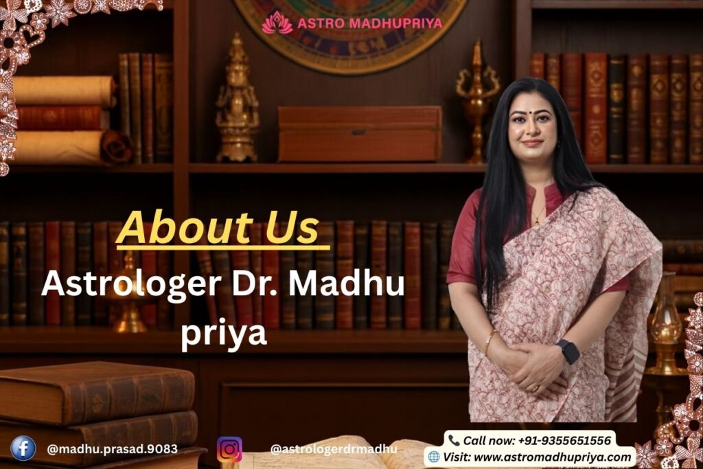 Astrologer Dr. Madhu Priya stands in front of a bookshelf for Astro Madhupriya's "About Us" section.