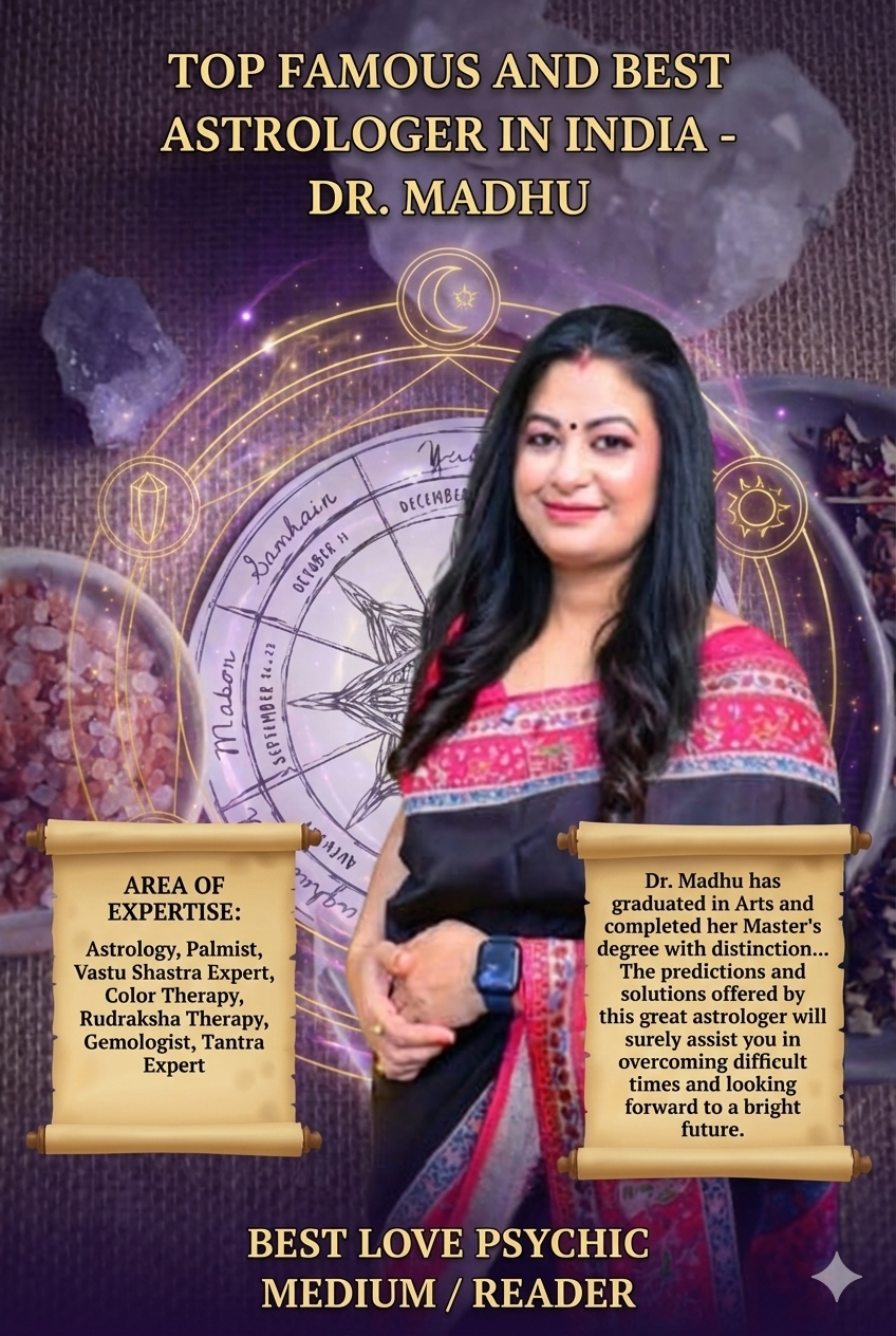 Dr. Madhu, a top-rated professional in the field of Vedic sciences, wearing a traditional black and red saree. She is positioned in front of a spiritual background featuring a zodiac chart, healing crystals, and pink salt, representing her role as the Best Love Psychic Medium.