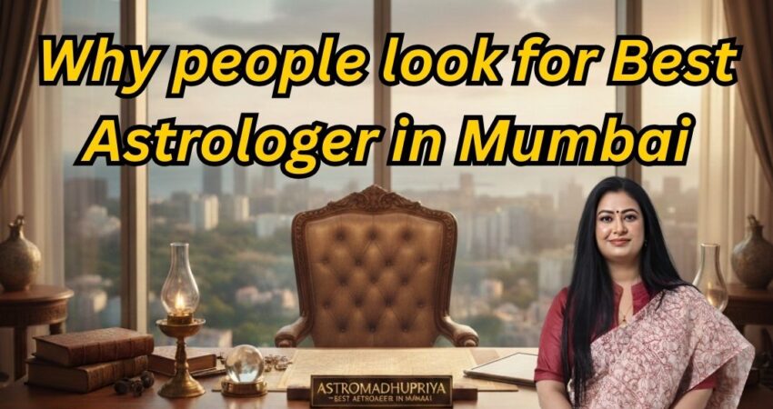Professional astrology consultation desk in Mumbai overlooking the skyline with the brand name Astromadhupriya, featuring Vedic books, a crystal ball, and ancient charts for the best astrology services in 2026.