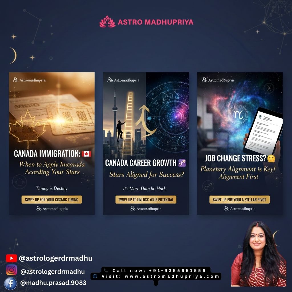 A collage of three digital posters by Astromadhupriya focusing on Canada immigration, career growth, and job change stress through Vedic astrology, featuring Dr. Madhu Priya.