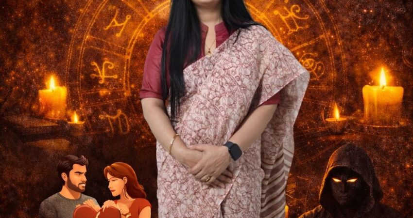 A mystical and cinematic image featuring a hooded spiritual practitioner sitting before a ritual fire at night. In the background, the Delhi skyline and a prominent dome are visible under a dark sky. A glowing geometric mandala with a white lotus symbol is overlaid on the right. Large gold text in the center reads "VASHIKARAN AND BLACK MAGIC REMOVAL DELHI".