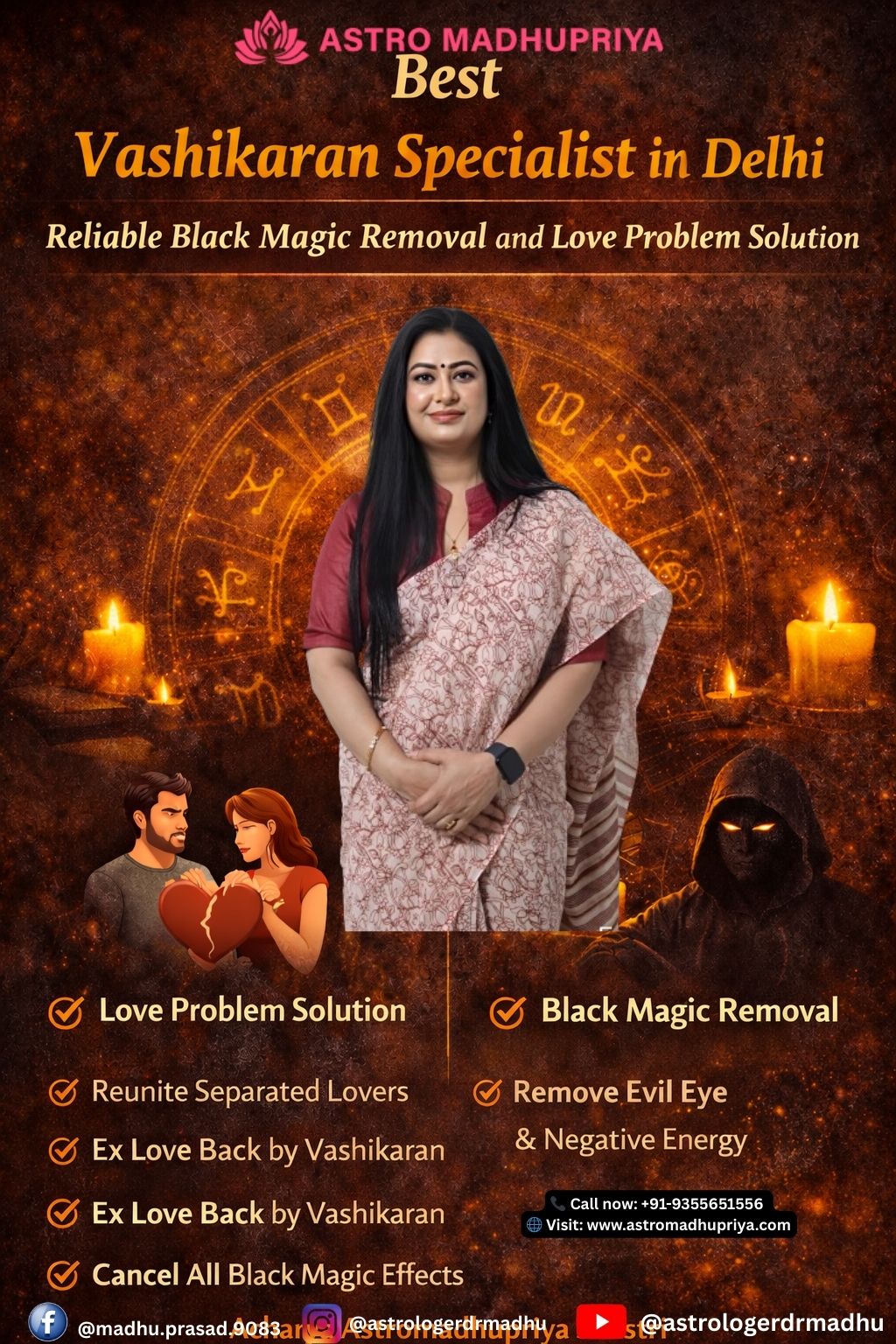 A mystical and cinematic image featuring a hooded spiritual practitioner sitting before a ritual fire at night. In the background, the Delhi skyline and a prominent dome are visible under a dark sky. A glowing geometric mandala with a white lotus symbol is overlaid on the right. Large gold text in the center reads "VASHIKARAN AND BLACK MAGIC REMOVAL DELHI".