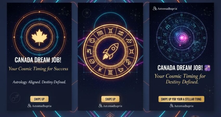 Three-panel infographic by Astromadhupriya for Canada Immigration, Career Growth, and Job Change Stress with Dr. Madhu Priya’s contact details.