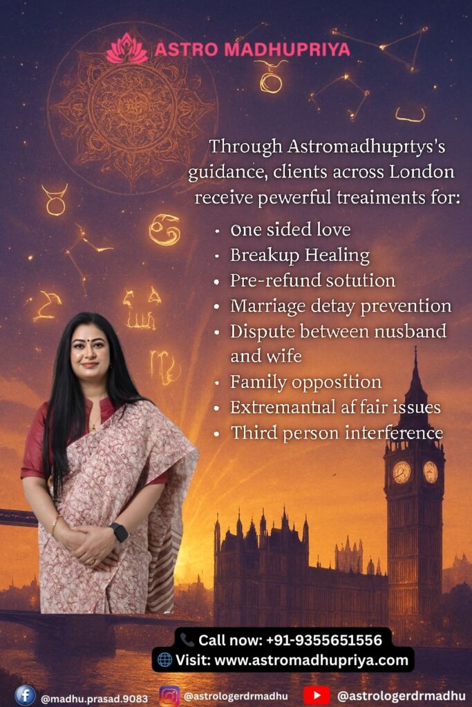 Astro Madhupriya's guidance, including one-sided love, breakup healing, pre-refund solutions, marriage delay prevention, husband-wife disputes, family opposition, extramarital affairs, and third-person interference. The design features Dr. Madhu Priya alongside a sunset view of London's Big Ben and glowing astrological constellations.