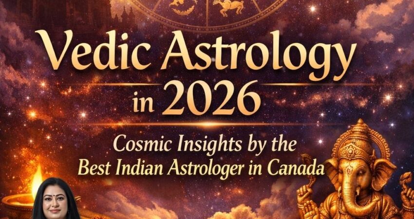 A futuristic digital Vedic astrology chart for 2026 showing planetary alignments for Canada PR, career growth, and relationship harmony, with a blurred Toronto city skyline in the background.