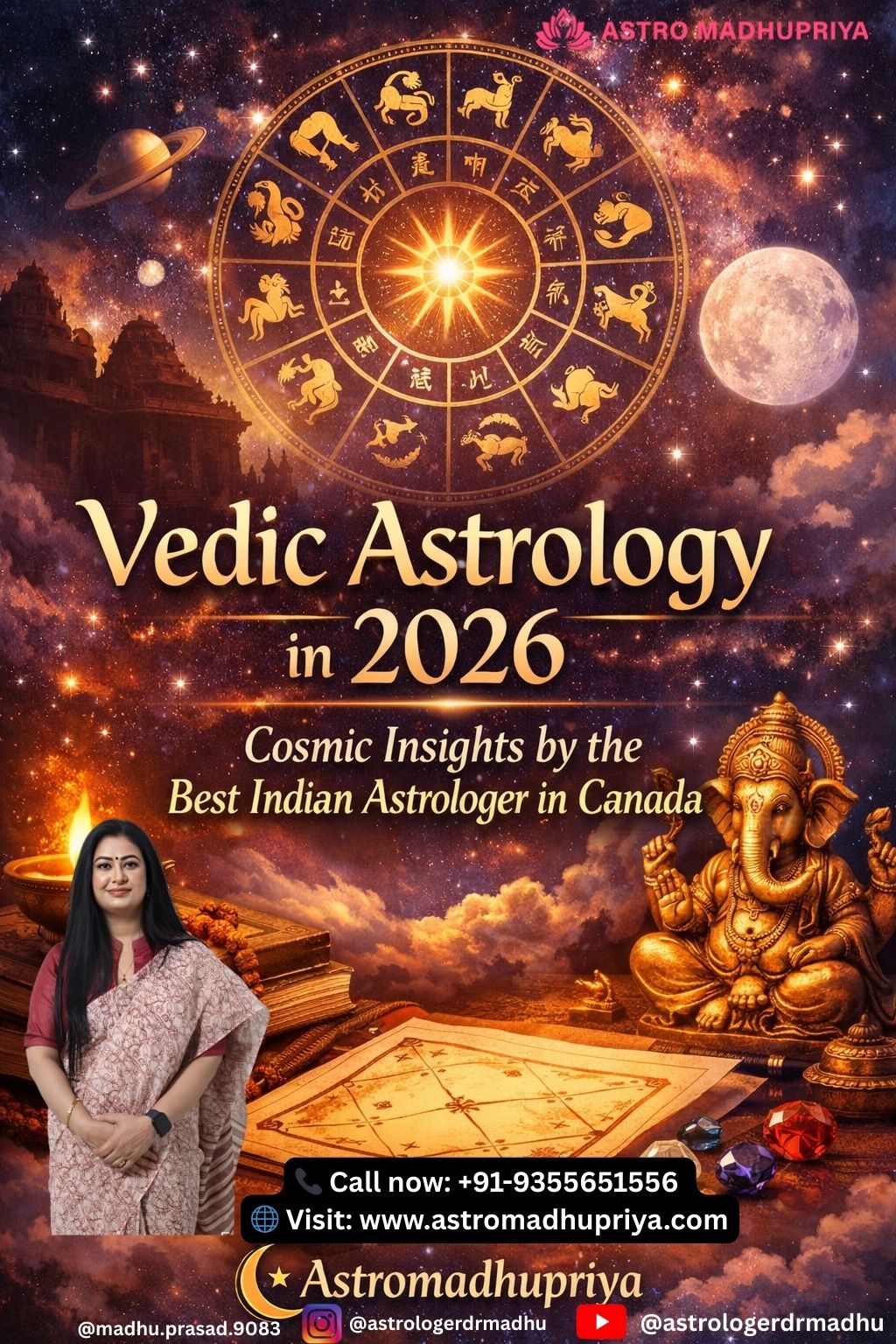 A futuristic digital Vedic astrology chart for 2026 showing planetary alignments for Canada PR, career growth, and relationship harmony, with a blurred Toronto city skyline in the background.