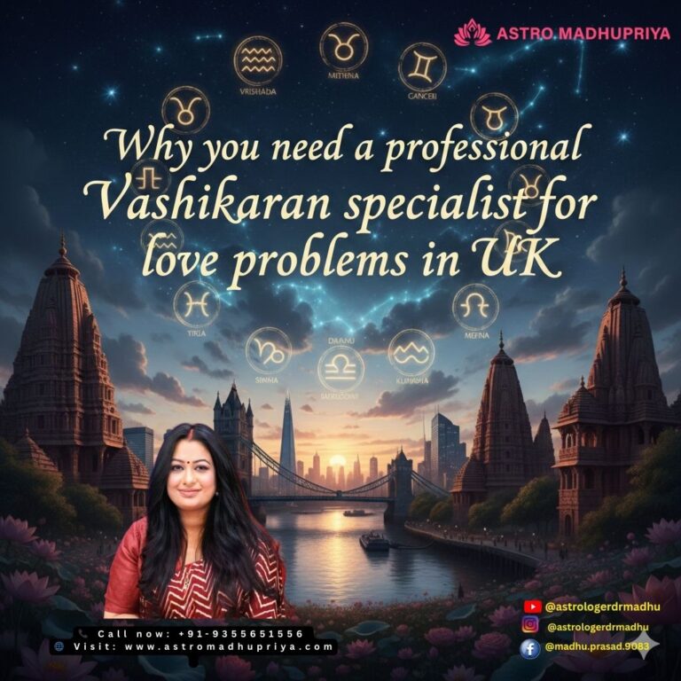 Professional Vashikaran Specialist Astromadhupriya in front of London Tower Bridge and Vedic temples, offering love problem solutions in the UK with astrological zodiac symbols.
