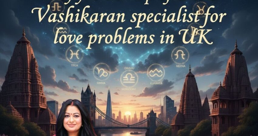Professional Vashikaran Specialist Astromadhupriya in front of London Tower Bridge and Vedic temples, offering love problem solutions in the UK with astrological zodiac symbols.