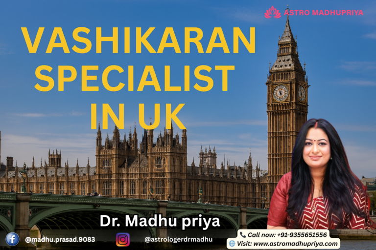 Dr. Madhu Priya, Vashikaran Specialist in UK, standing before the Palace of Westminster and Big Ben in London.