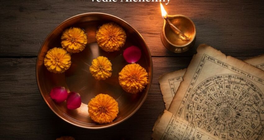Top view of Vedic healing tools, marigold flowers in a copper bowl, and ancient astrology charts by Astromadhupriya, the best black magic removal astrologer in Mumbai.
